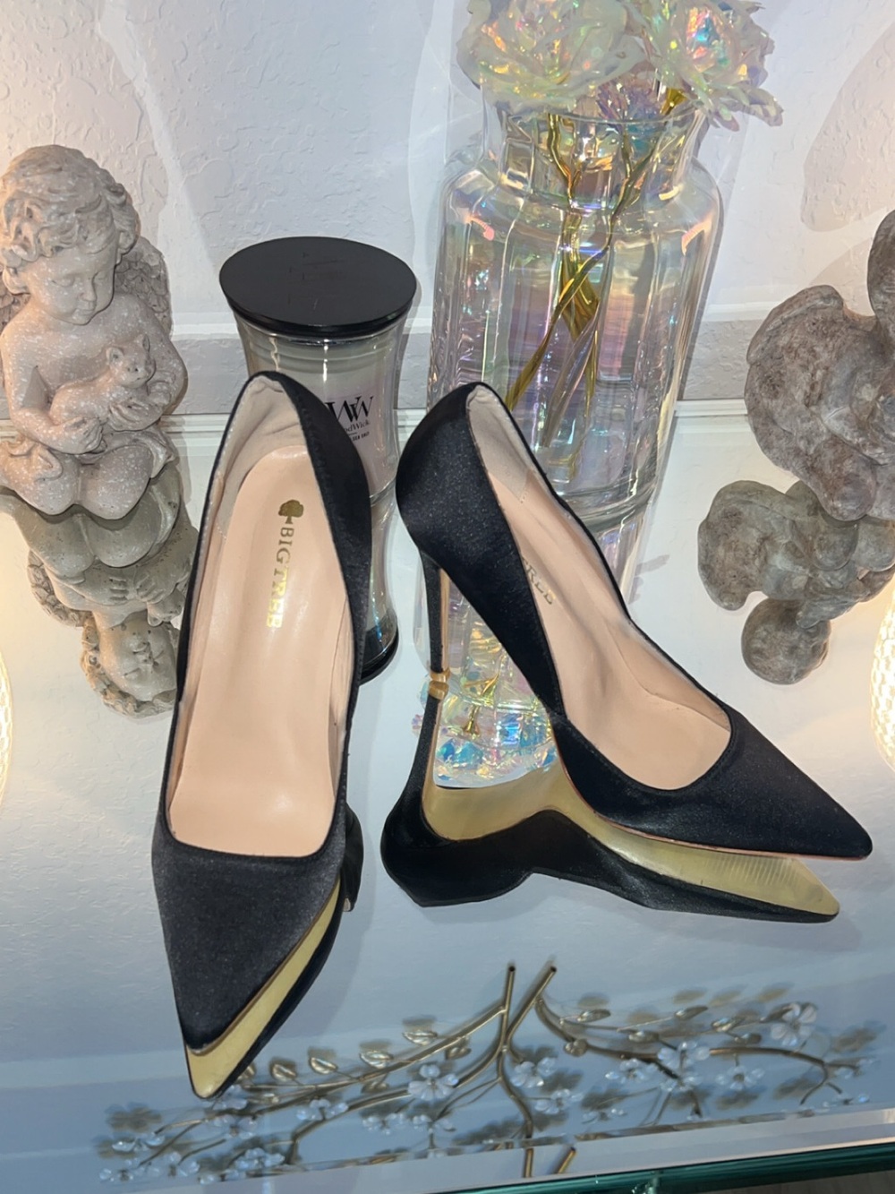 Black Pointed Stiletto Pumps with Gold Toe Accent